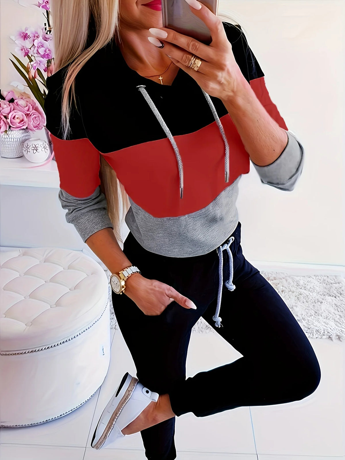 Trendy Color Block Long Sleeve Loose Fit Top for Women
