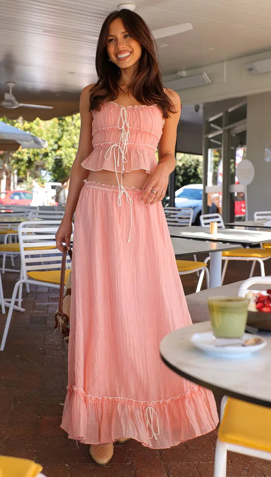 Pleated Bow Suspender Top and Skirt Two Piece Set for Women