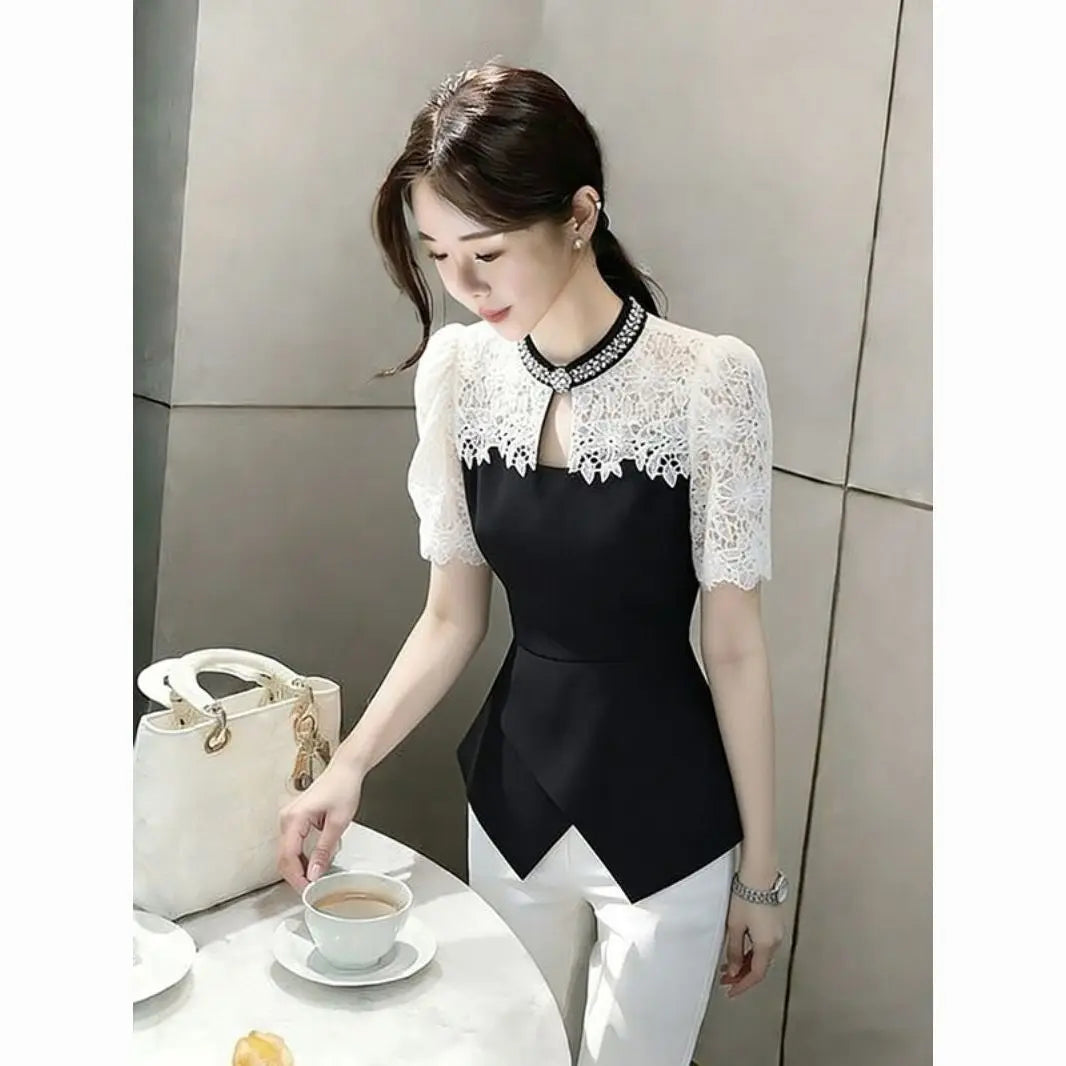 Chic Black Lace Spliced Short Sleeve Summer Shirt For Women