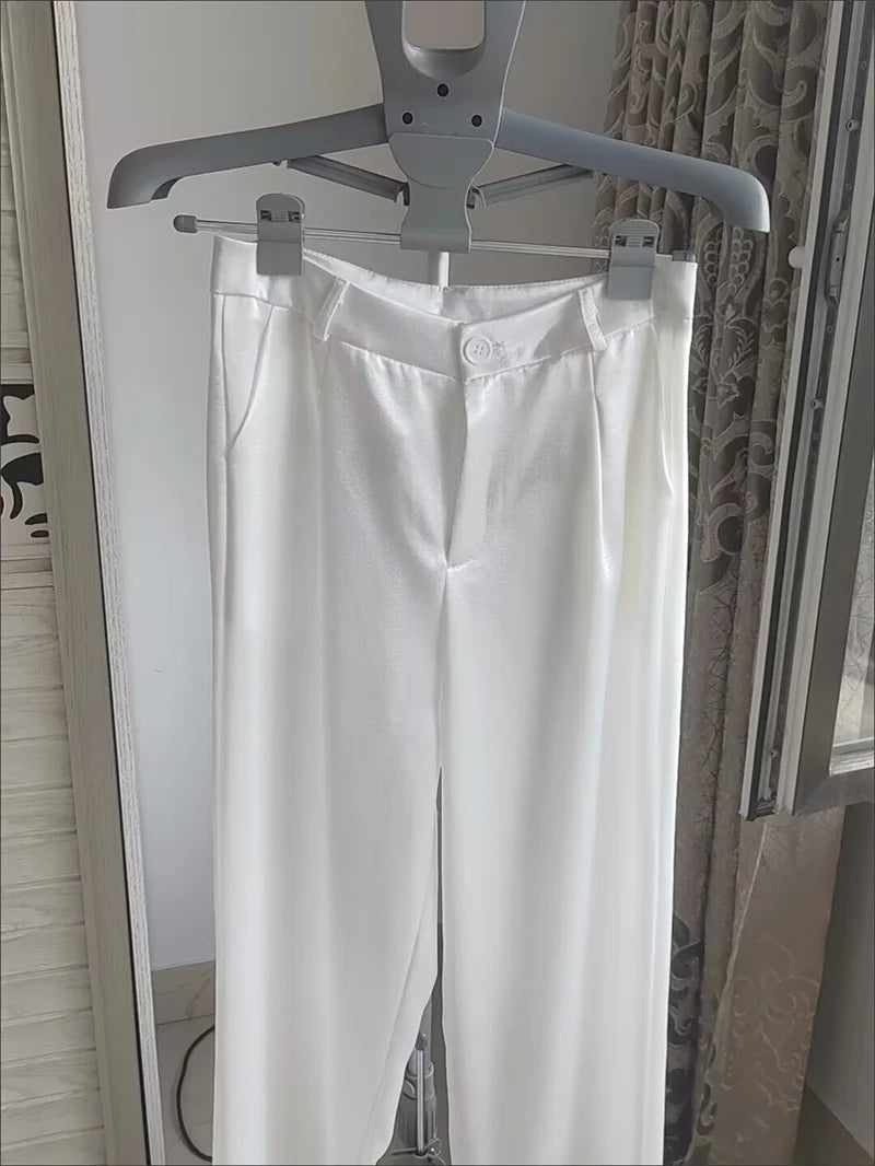 High Waist Solid Color Satin Wide Leg Trousers For Women