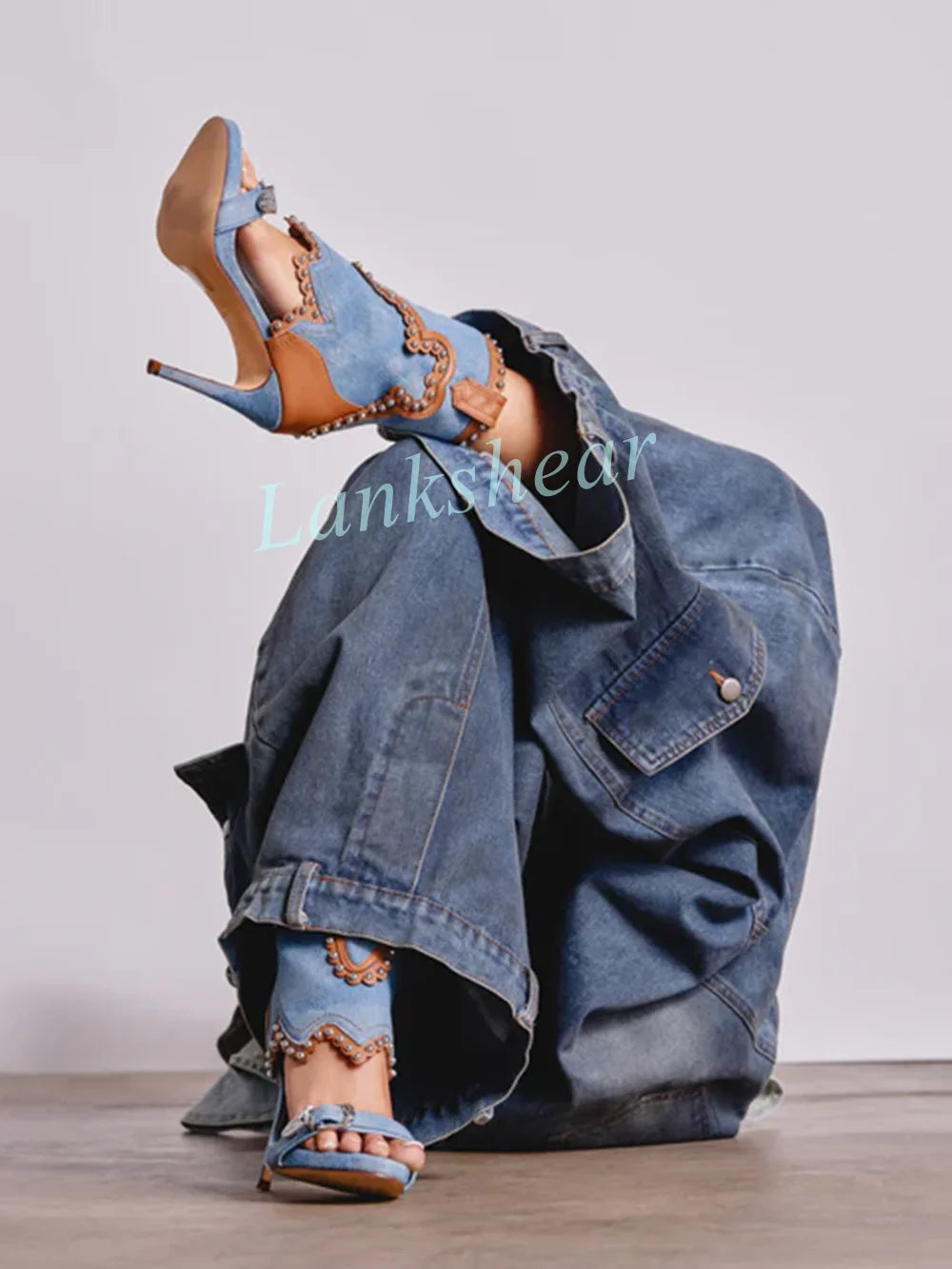 Retro Denim Western Ankle Boots with Ornate Buckle for Women