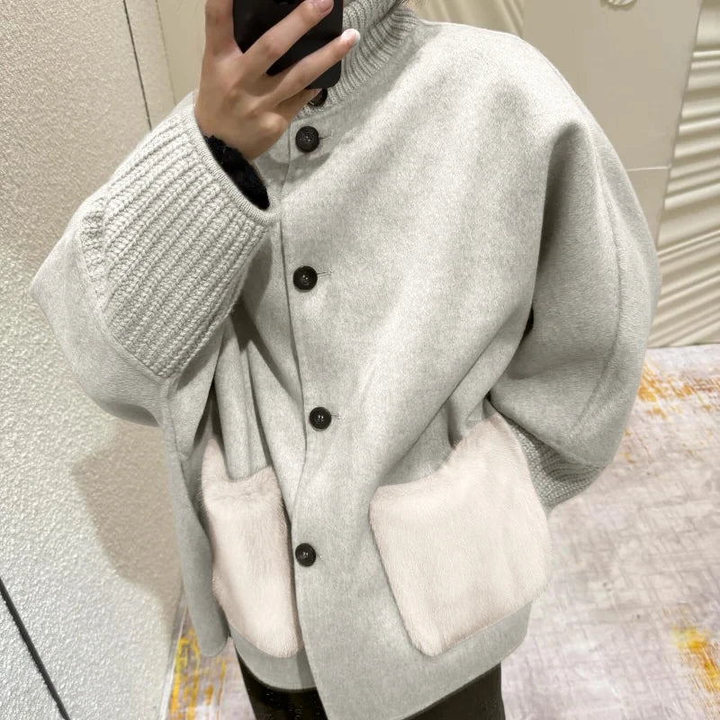 Loose Knit Fur Standup Collar Long Sleeve Pocket Cardigan for Women