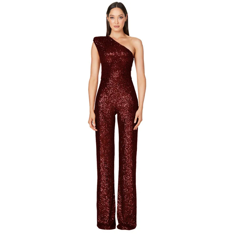 Sequined One Shoulder Wide Leg Jumpsuit