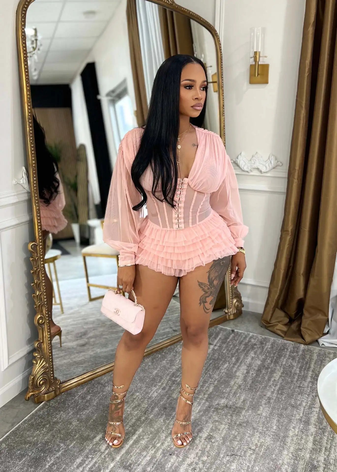 Mesh Ruched Patchwork See Through Long Sleeve Bodycon Rompers for Women
