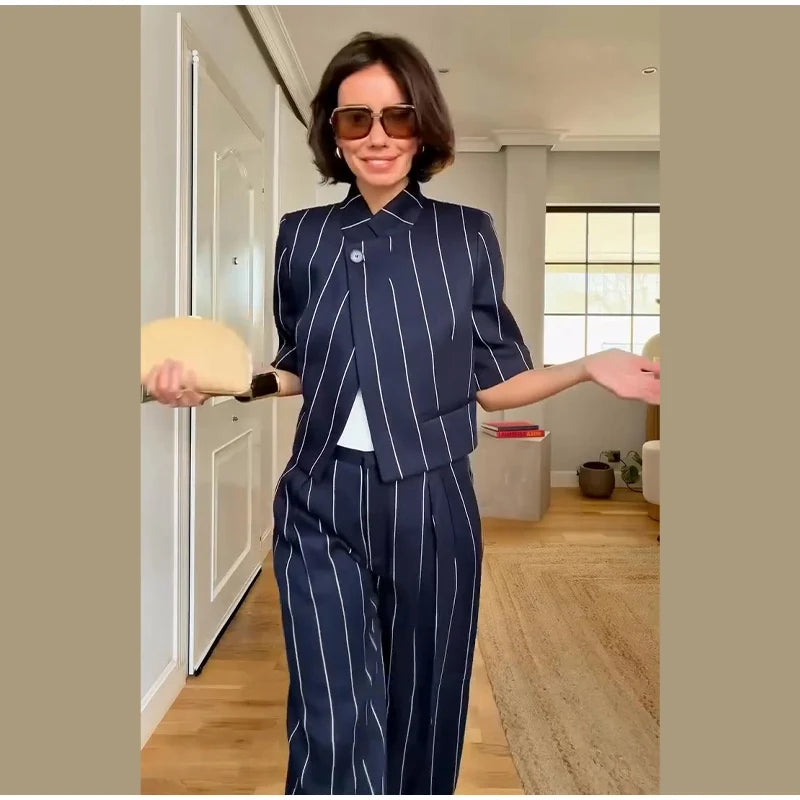 Elegant Striped Two Piece Coat and Pants Set for Women
