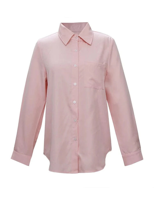 2025 Spring and summer new Women's solid colour basic shirt Single row of buttons High collar Pink Office Home Cardigan Polyest