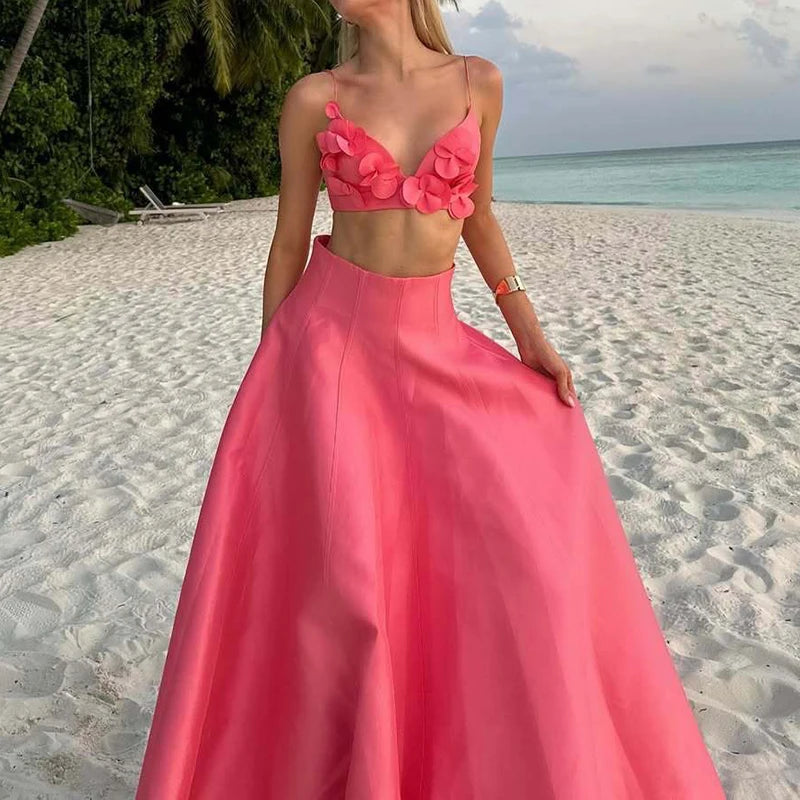 Pleated Hollow Out Crop Top And Long Skirt Set for Women