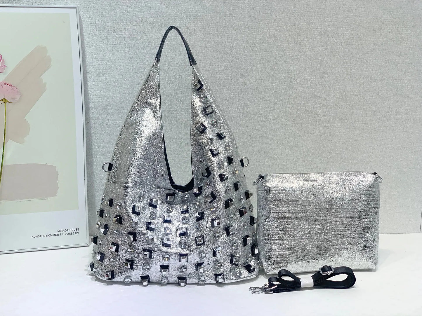 New Women's Diamond Handbag Luxury Brand Fashion Diamond Women's Shoulder Bag Large Capacity Shiny 2-piece Set Women's Bag