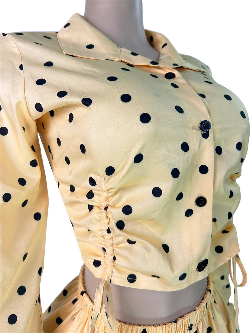 Polka Dot Ruched Turn-Down Collar Shirt and Shorts Set for Women