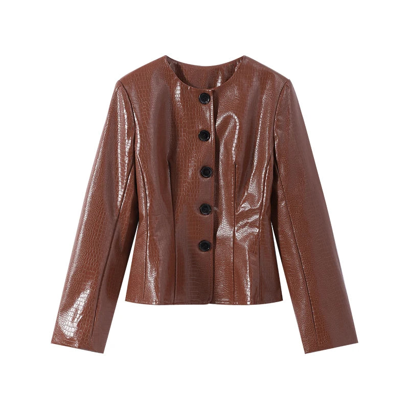 Slim Fit Single Breasted Faux Leather Jacket for Women