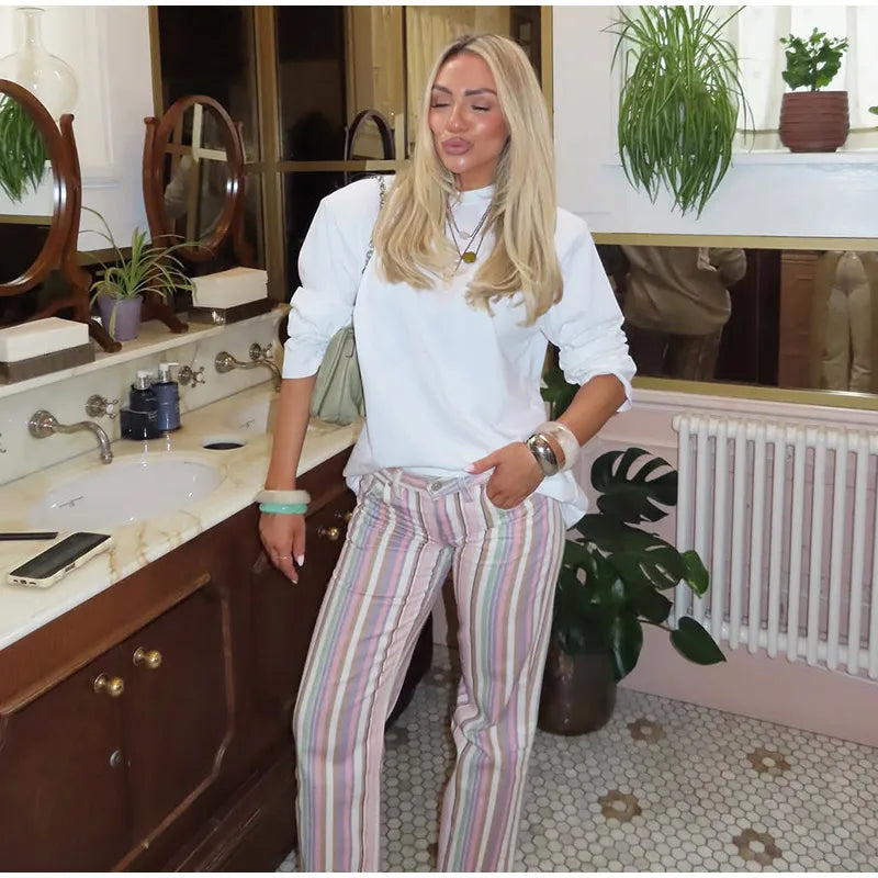 Color Block Rainbow Stripe Wide Leg Jeans for Women