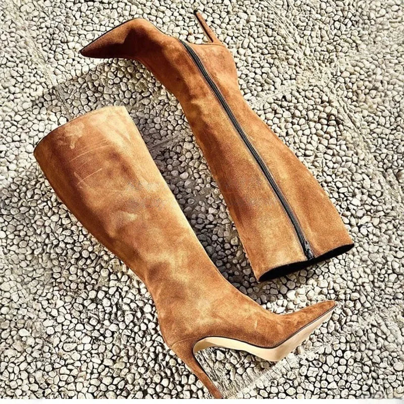 Sleek Suede Pointed Toe Side Zip Knee High Boots For Women
