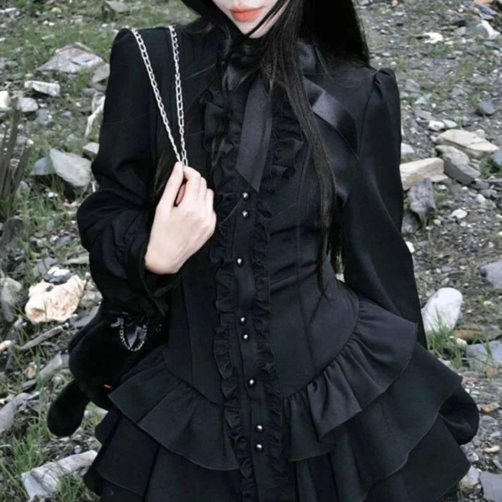 Black Gothic Long Sleeve Bow Tie Stand Collar Dress For Women