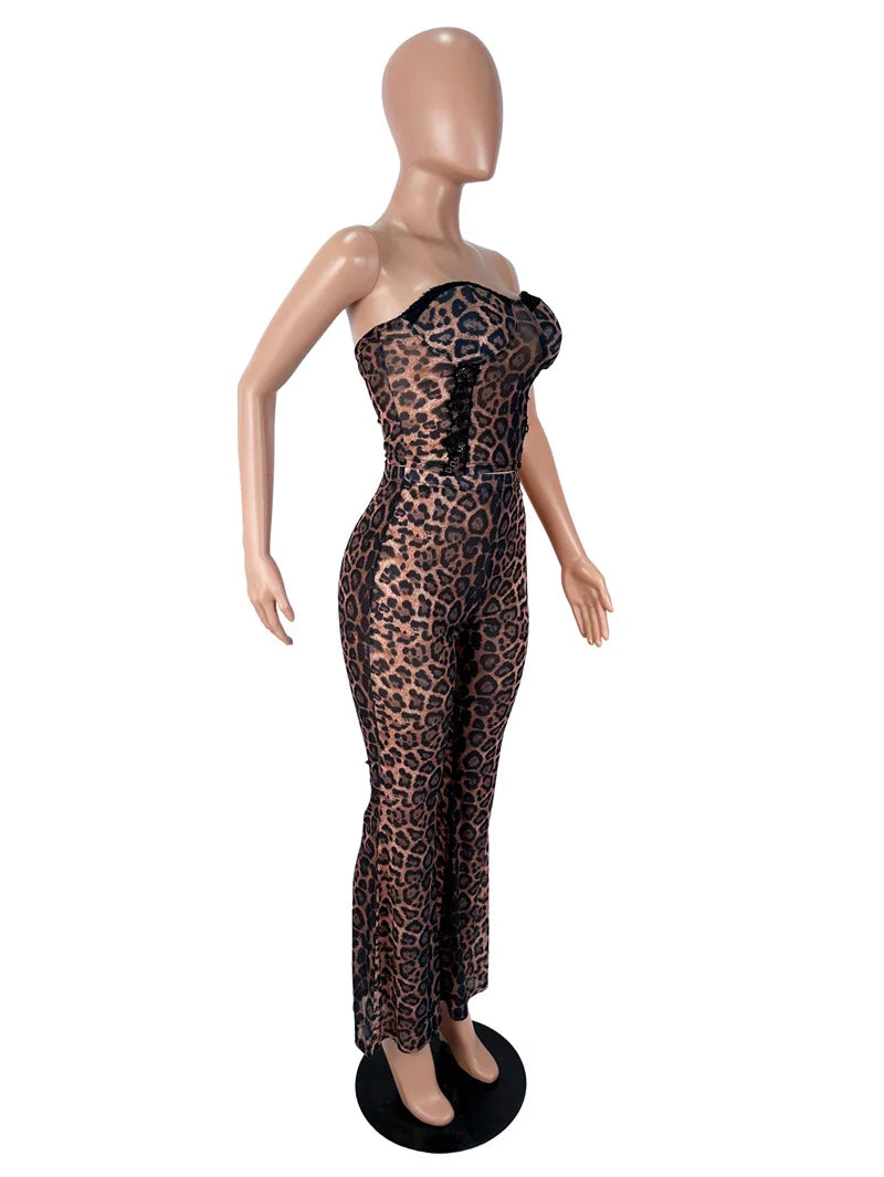 Leopard Sheer Club Outfit Strapless Top Two Piece Set for Women