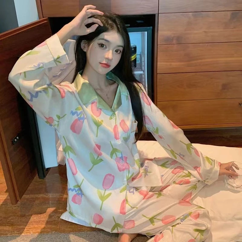 Flowers Twill Print Classy Women's Pajamas Spring Autumn Two-piece Sets Long Female Lounges Simulated Silk 2024 New Y2k Homewear