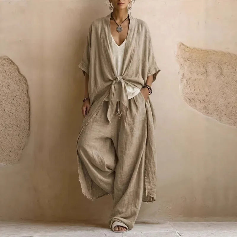 Bohemian Tie Dye Kimono Jacket and Wide Leg Pants Set for Women