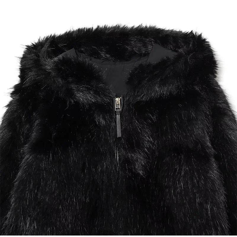 Winter Warm Hooded Faux Fur Long Sleeve Coat with Zipper for Women