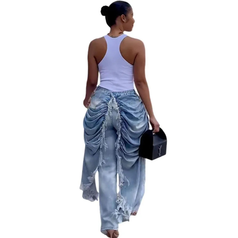 Washed Patchwork Denim Straight Pleated Pants For Women