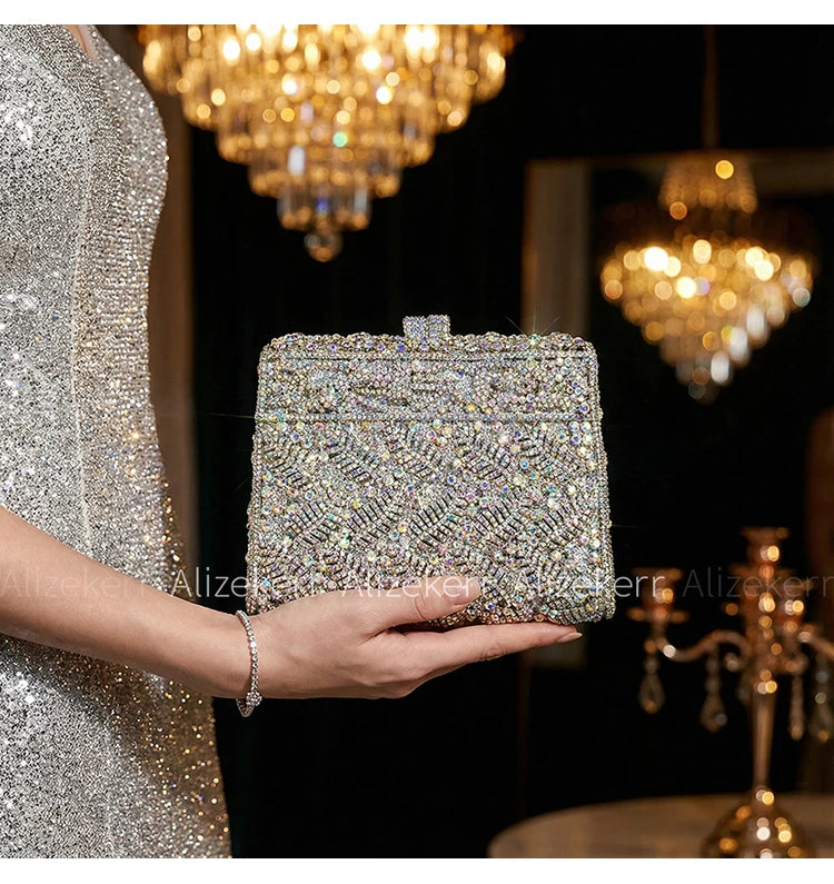 Metallic Leaf Diamond Evening Bag With Rhinestone Accents for Women