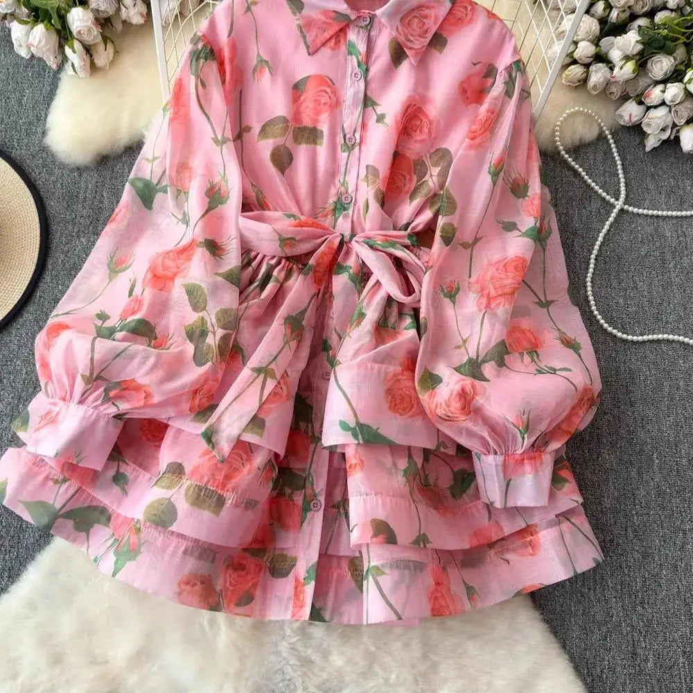 Women Lantern Sleeve Floral Print Lace Up Belt Summer Ball Gown Cute Dress Holiday Gorgeous Flower Ruffles Layer Cake Mini Dress