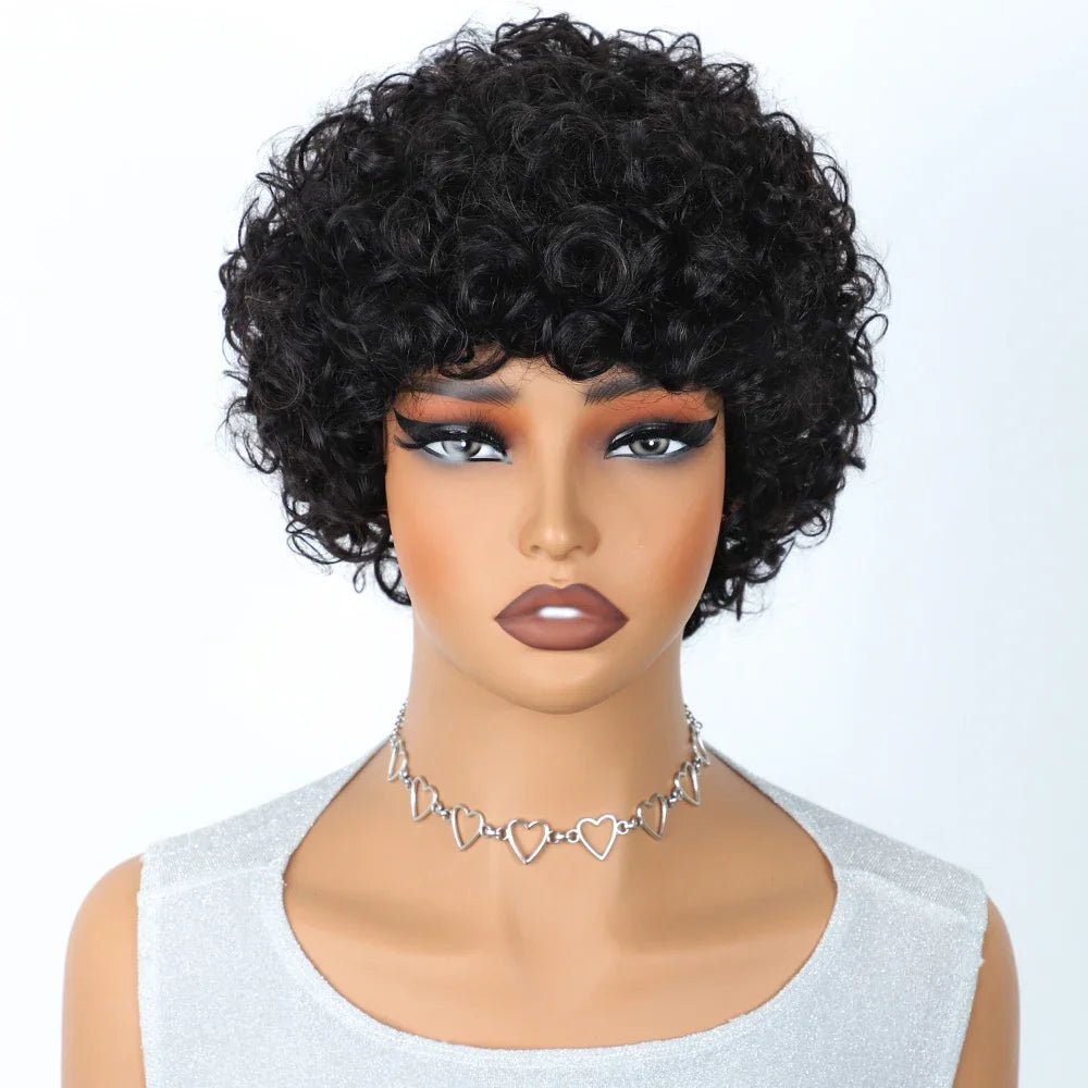 Short Kinky Curly Pixie Bob Human Hair Wig for Women