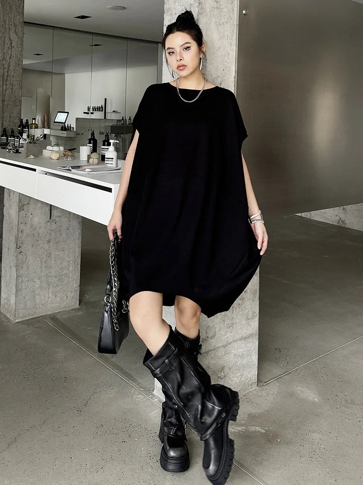 Black And White Loose Fit Cotton Mini Dress for Women