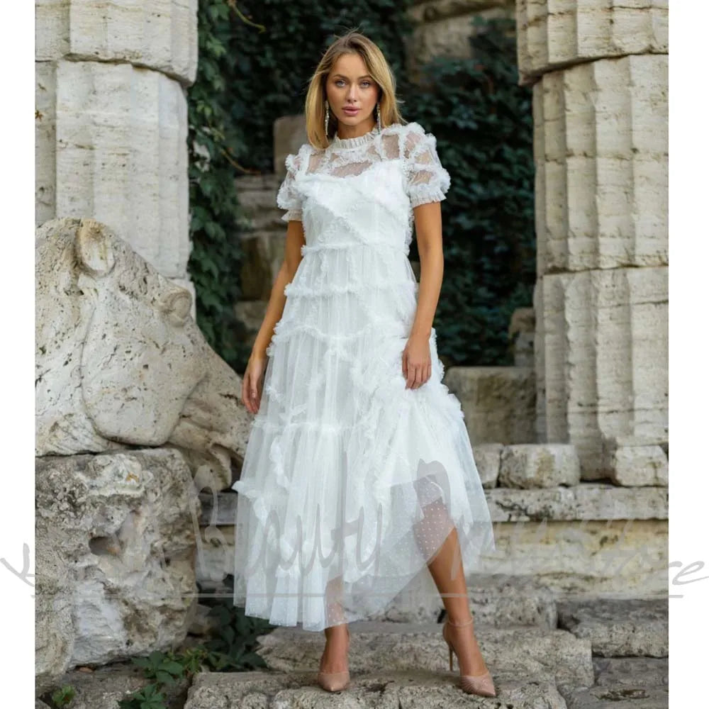Elegant Dot Organza Dress With Ruffles for Women
