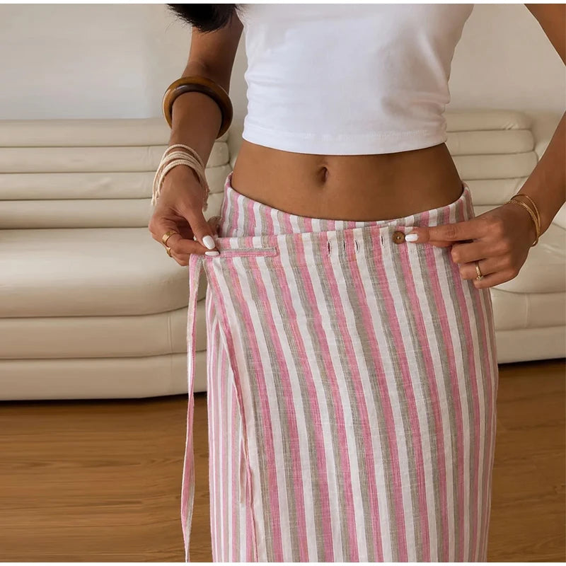 Pink And White Striped Wide Leg Pants With Sash Belt for Women