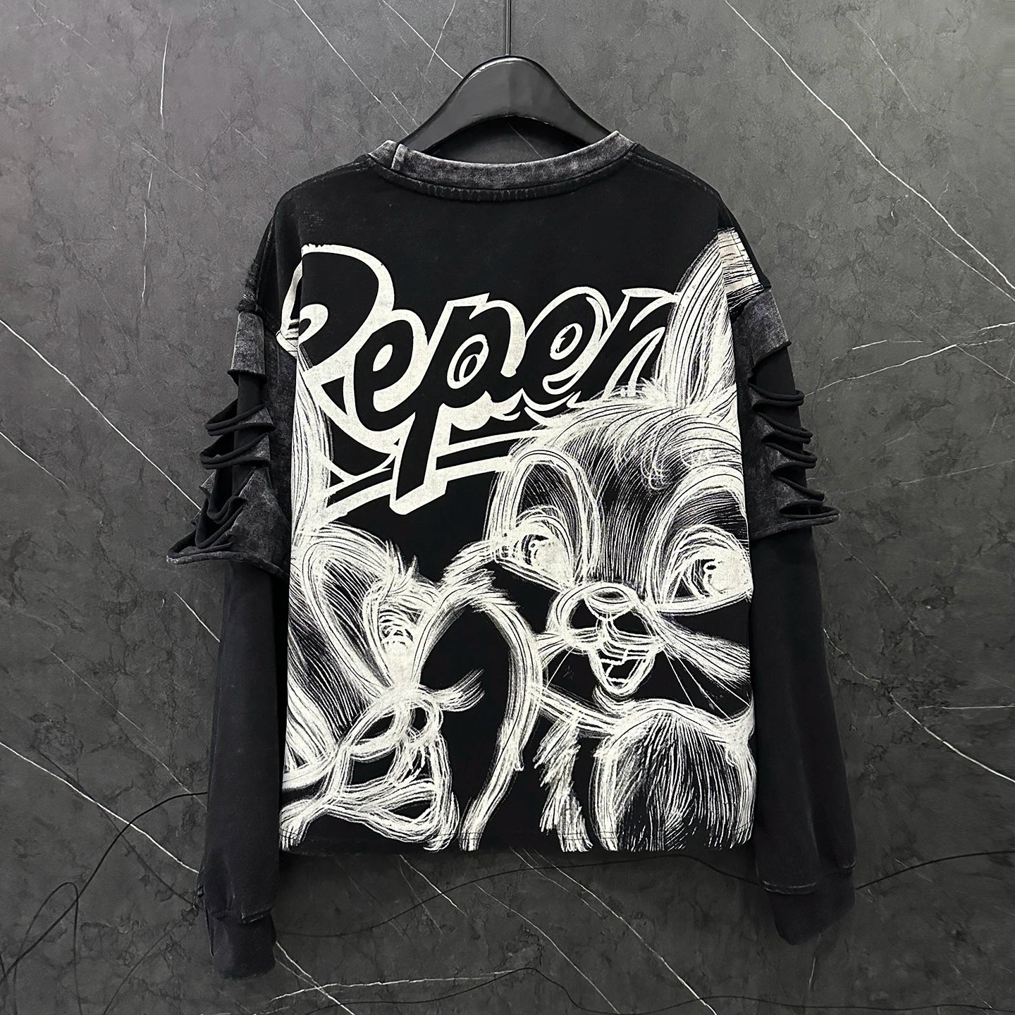 Heavy Industry New Cartoon Distressed Fake Two-Piece Crew Neck Sweatshirt Loose Casual Versatile Top Autumn Long Sleeves Hoodies