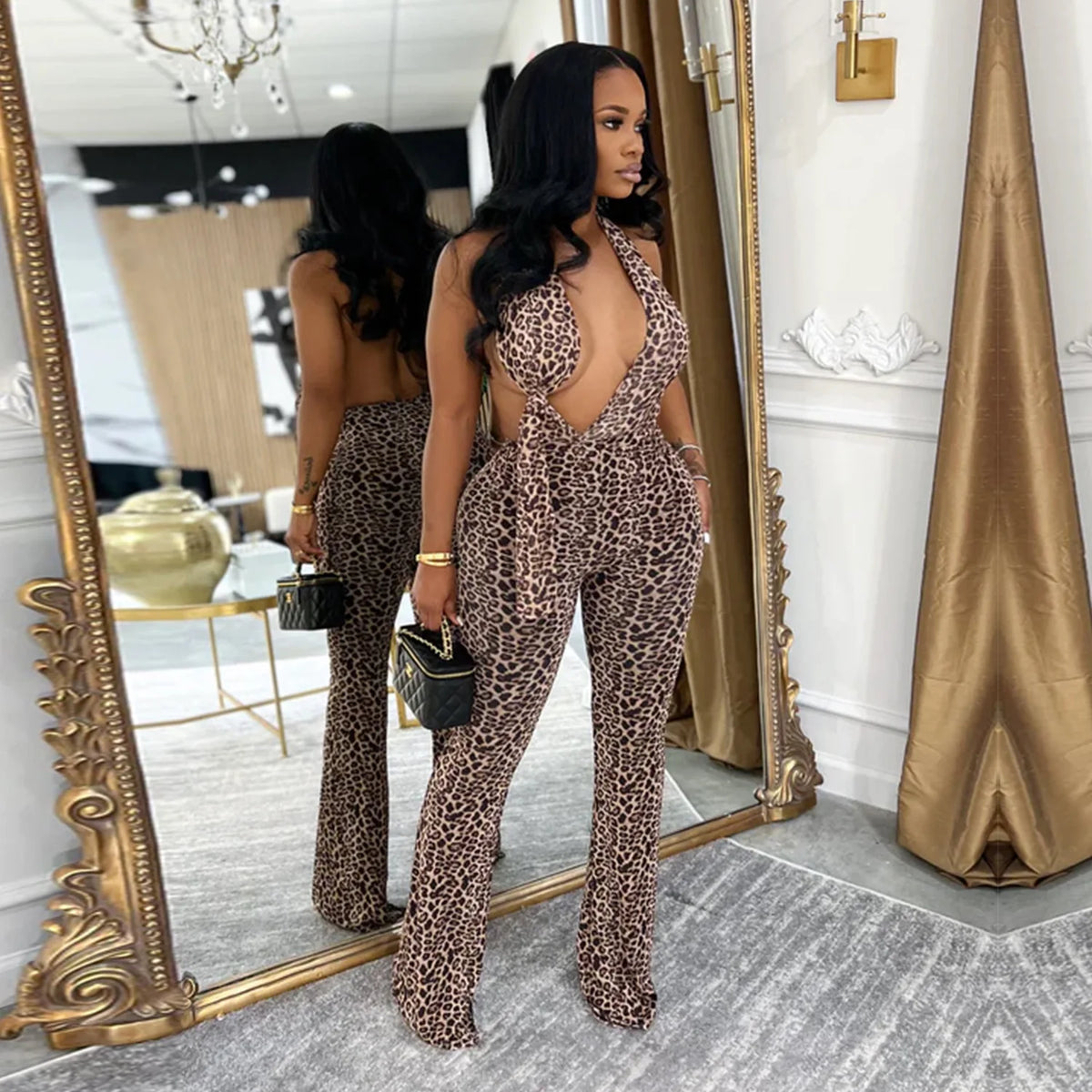 Leopard Print Halter Backless Bodycon Jumpsuit for Women
