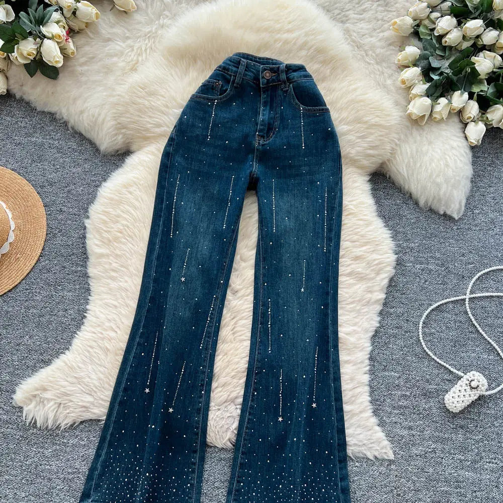 High-Waisted Rhinestone Embellished Flare Jeans for Women