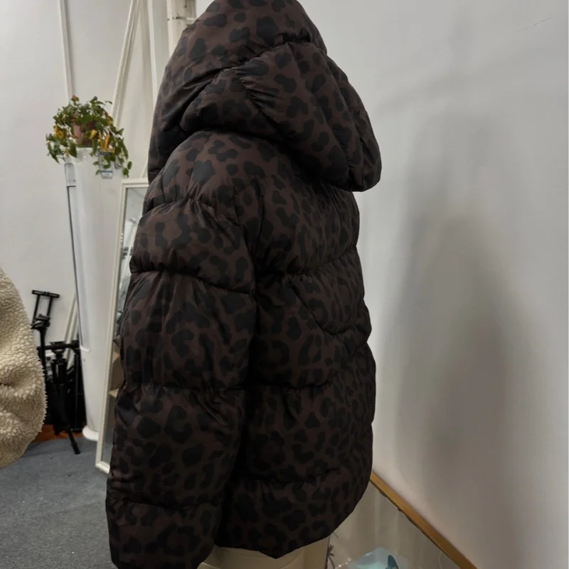 Casual Leopard Print Hooded Puffer Jacket For Women