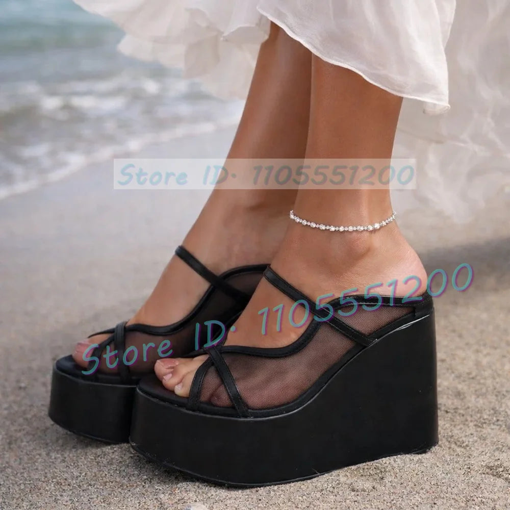 Brown Double Strap Mesh Peep Toe Wedge Sandals for Women