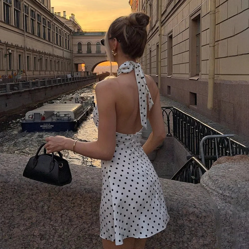 Elegant Dot Halter Satin Backless Mini Dress for Women