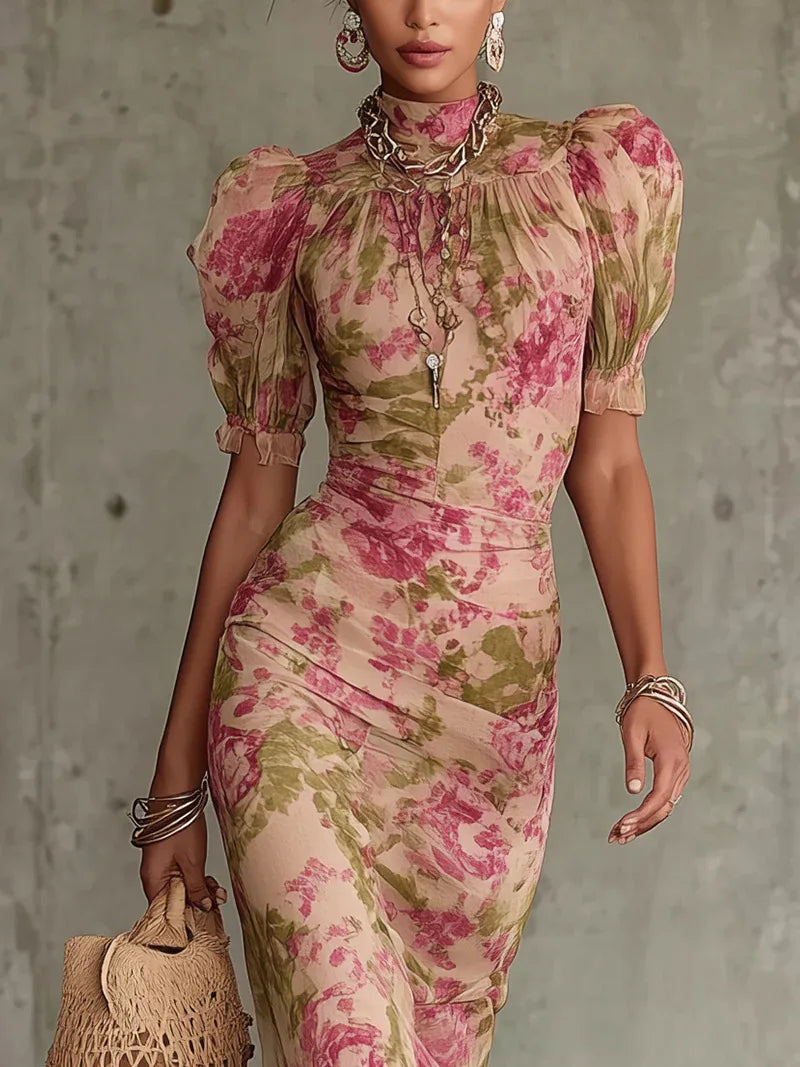 Vintage Chiffon Maxi Dress With Stand Collar Short Sleeve for Women