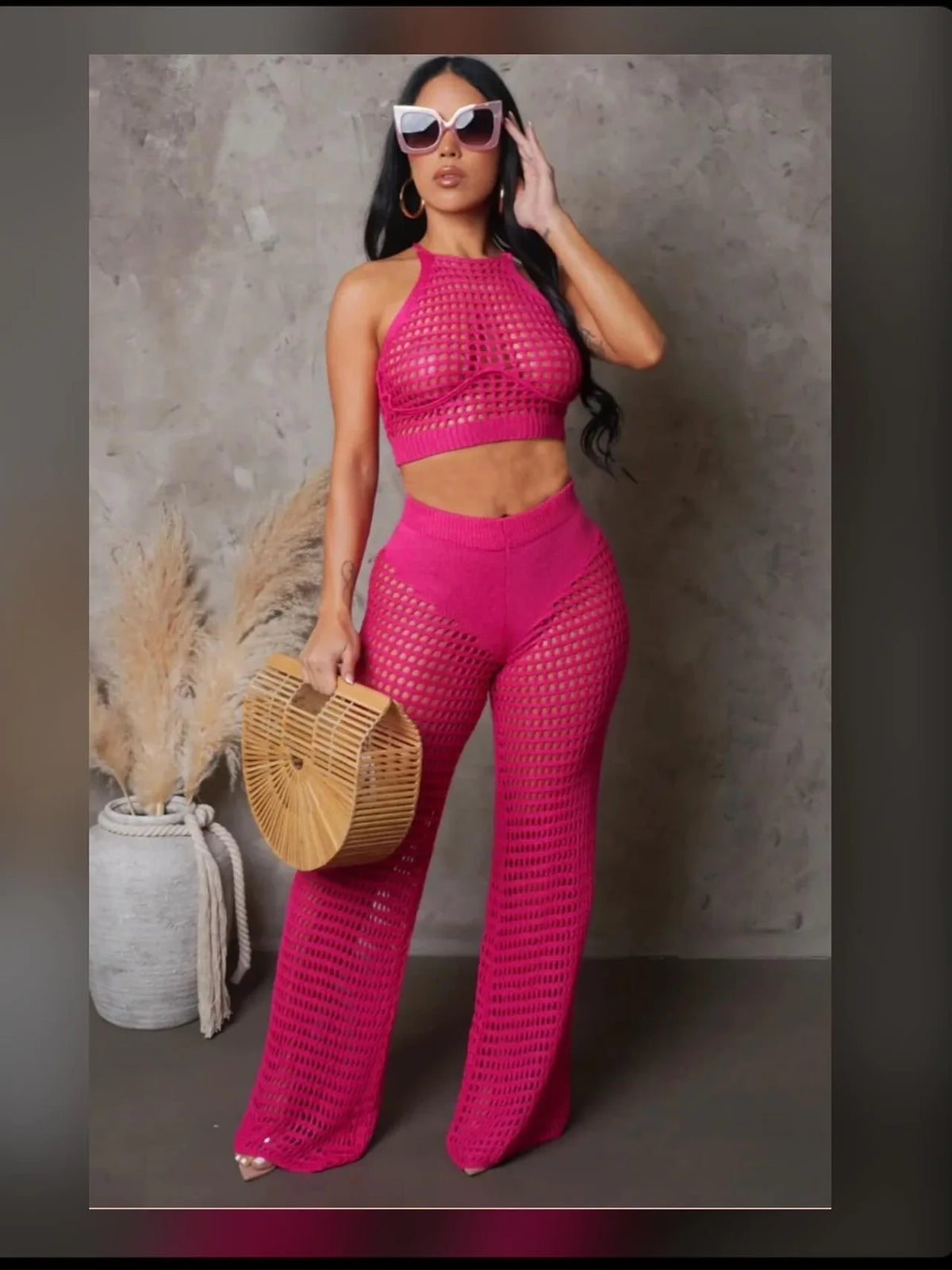 Sleeveless Pink Knit Two-Piece Trouser Set for Women