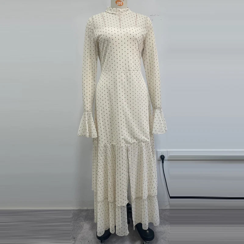 Pleated Polka Dot Ruffle Sleeve Maxi Dress for Women