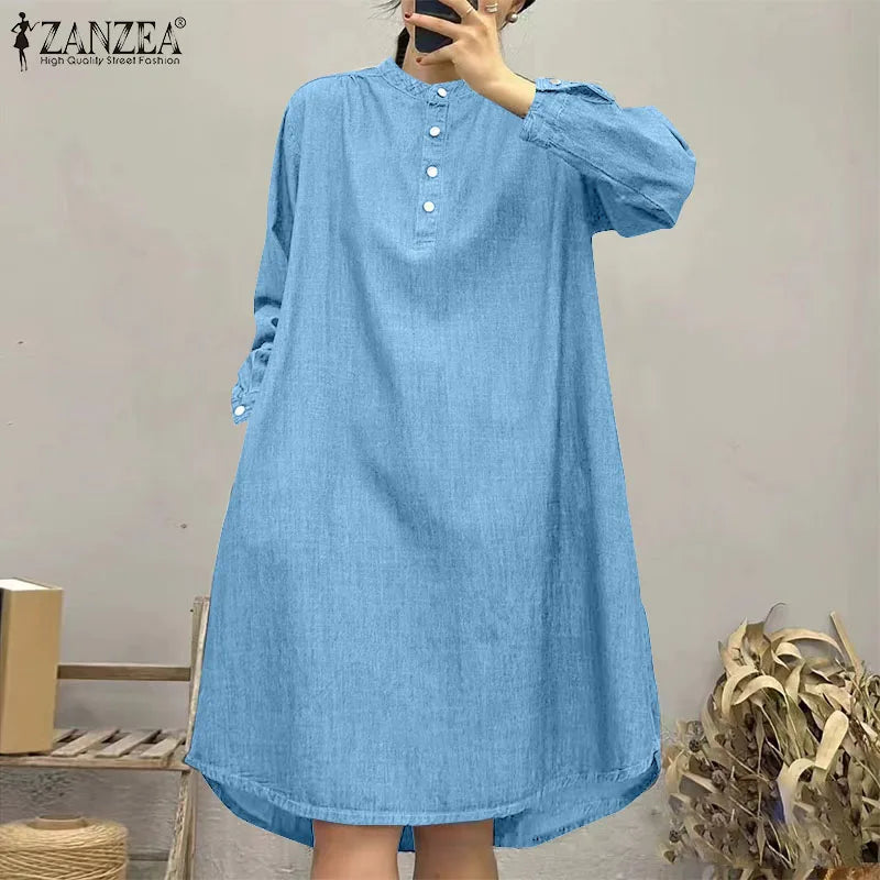 ZANZEA Women Shirt Dress Fashion Stand Collar Buttons Robes Casual Loose Long Sleeve Mini Dress Autumn Vintage Pocket Vestidos