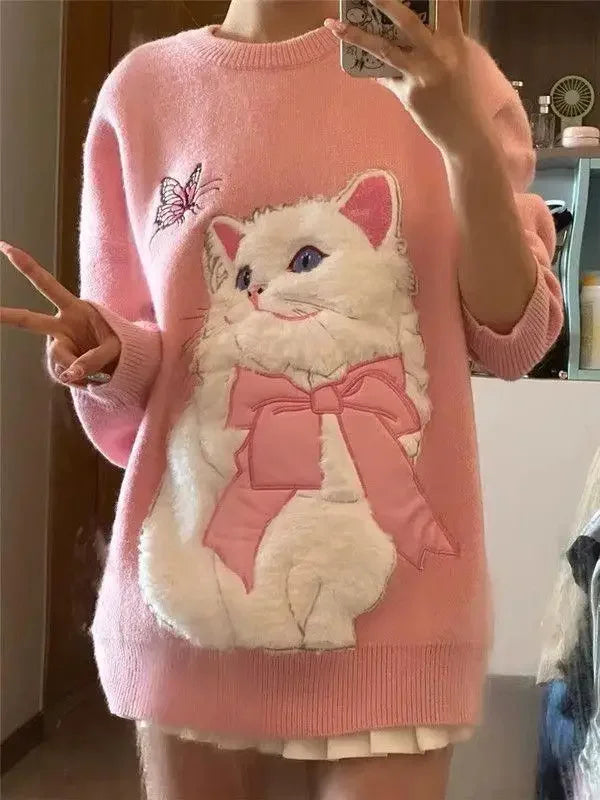 Pink simple round neck sweater women wear new dopamine in autumn and winter flocking cute cat design soft milk sweater top.