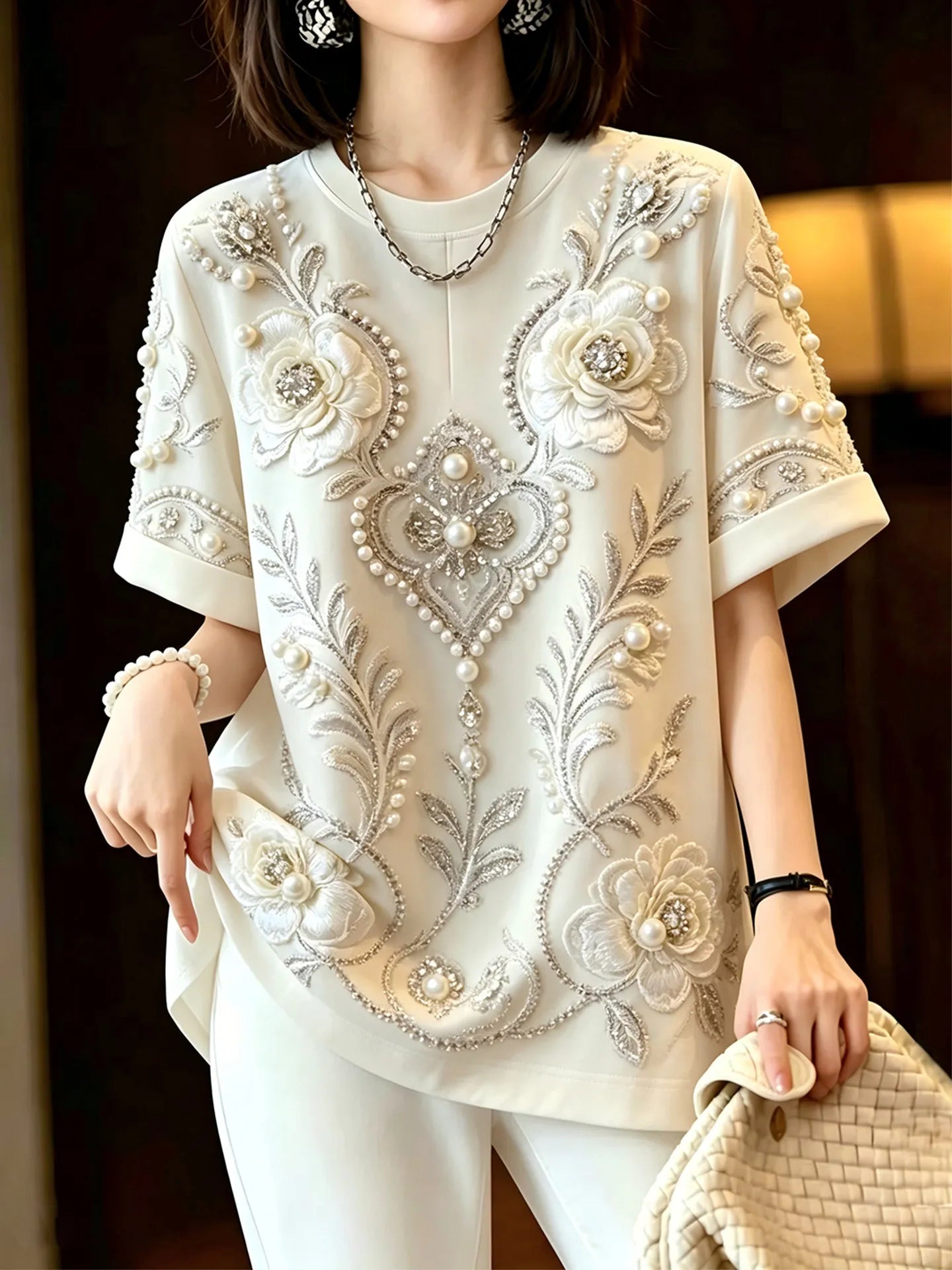 High Quality New Spring Summer Oversize Pullover Top All-match Short Sleeve T-shirt Luxury Diamonds Beading Female Casual Tees