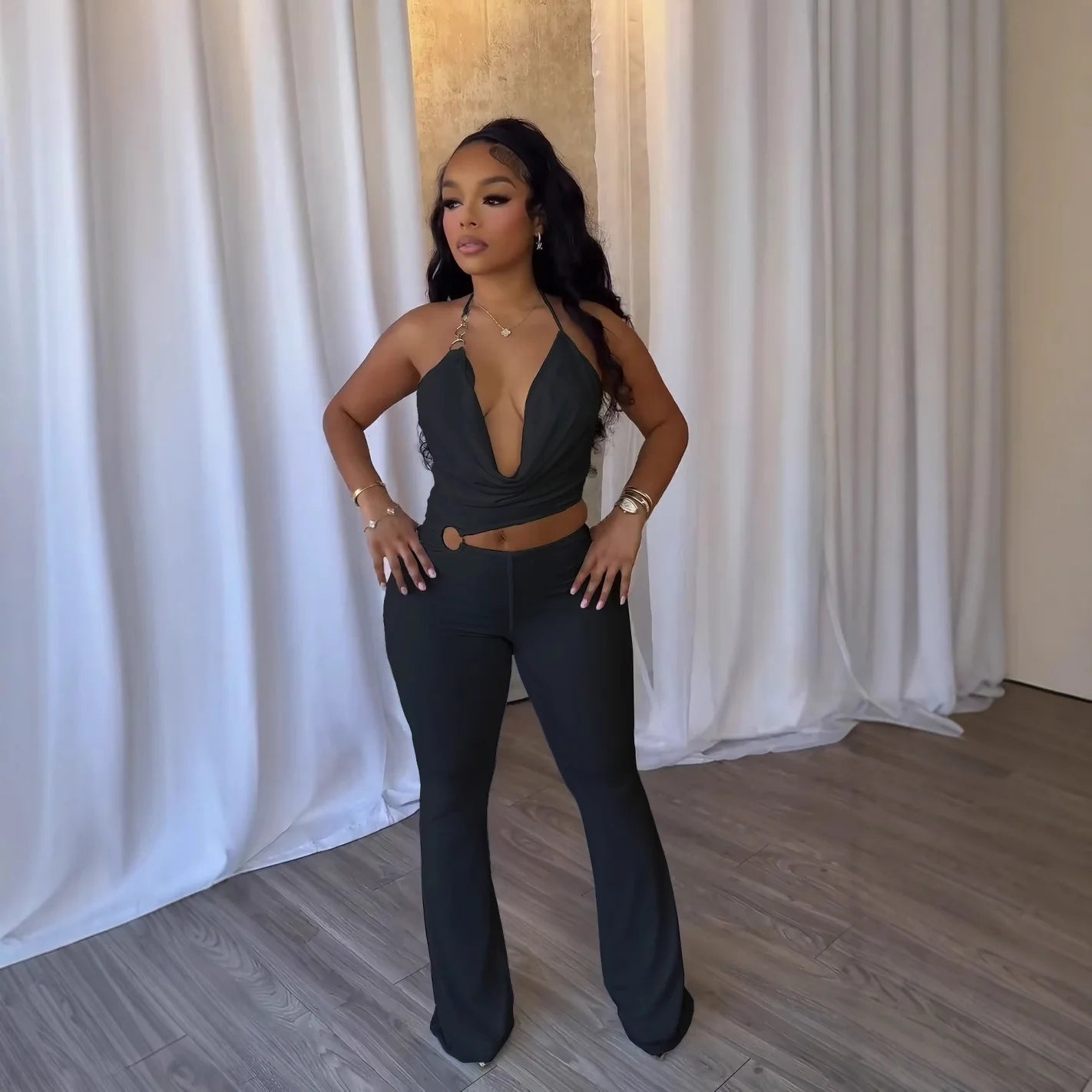 Elegant Slim-Fit Elastic Neck Strap Jumpsuit for Women