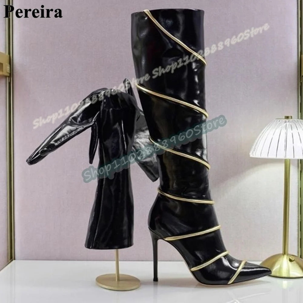 Knee High Black Patent Leather Serpentine Strap Boots Thin High Heel Shoes For Women Side Zipper Pointed Toe Stylish Party Shoes