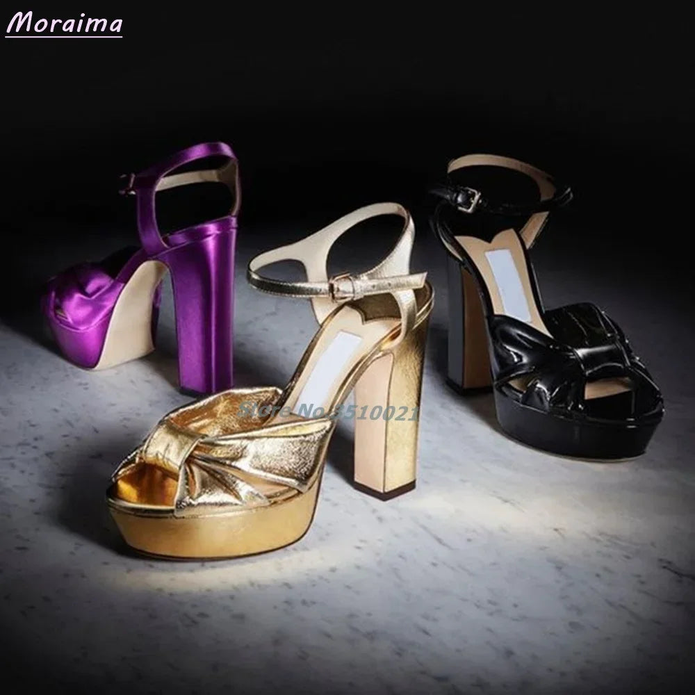 Peep Toe Mirror Leather Knotted Platform Sandals For Women