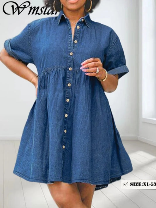 Wmstar Plus Size Denim Dresses Women Elegant Casual Loose Short Sleeve Summer Midi Dress Wholesale Dropshipping New Style