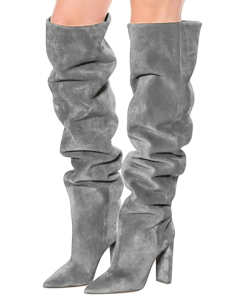 Beige Square Heel Slip-On Over-the-Knee Boots for Women