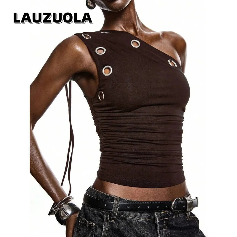 One Shoulder Crop Top with Metal Eyelets for Women
