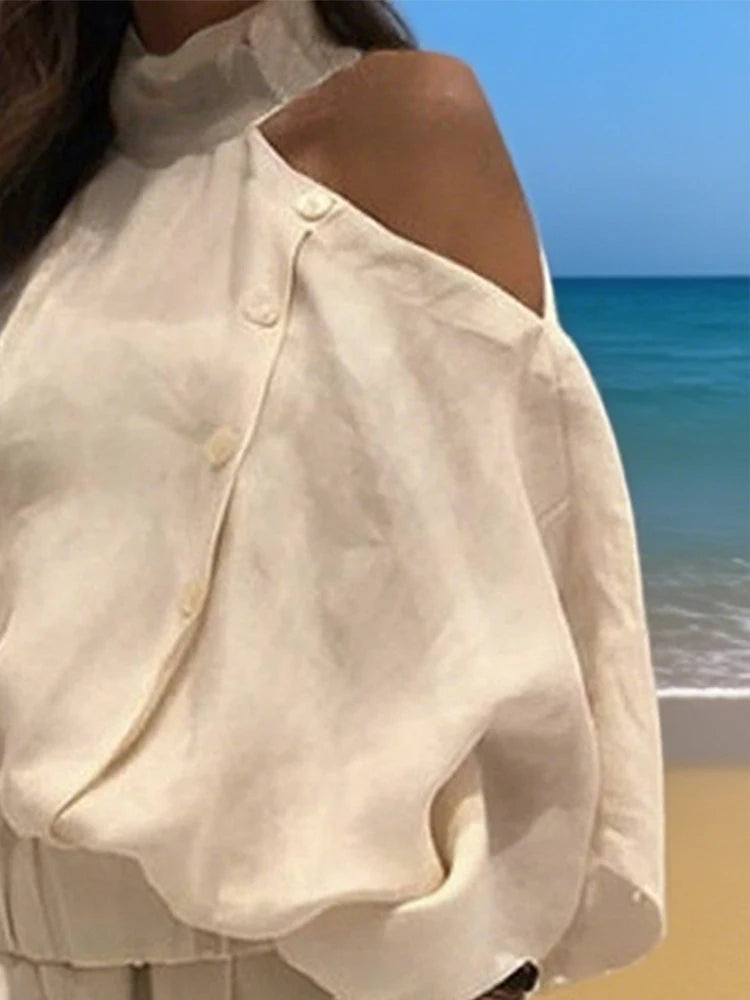 elegant women's clothes fashion Irregularity Loose Hollow Solid Color Cold Shoulder Blouses&Shirts lady's creamy Tops