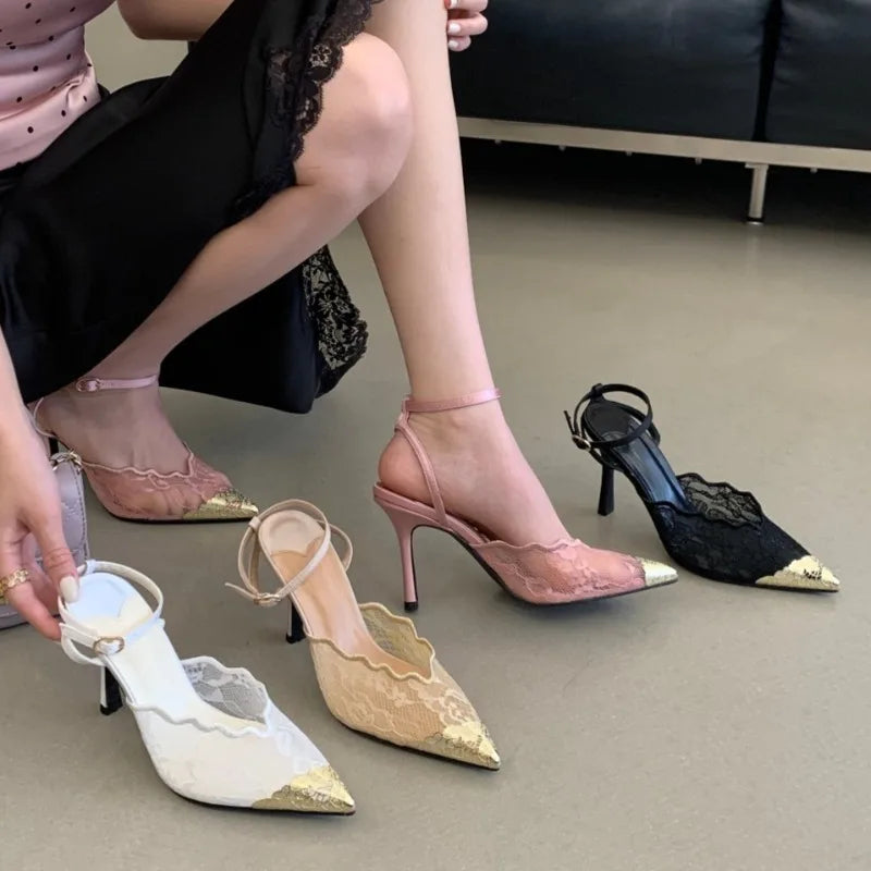 Elegant White Lace Slingback Stiletto Heels for Women