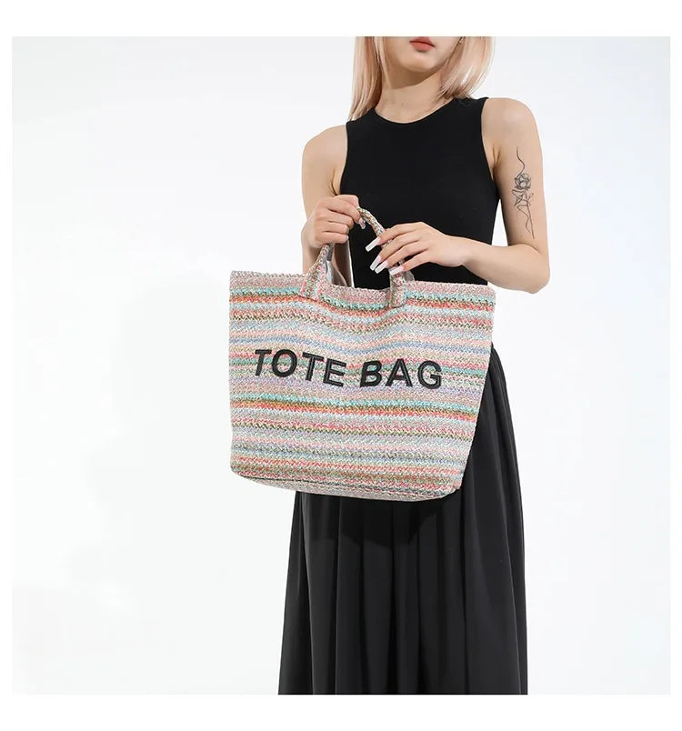 New straw woven bag, large capacity tote bag, crossbody striped letter contrasting beach bag