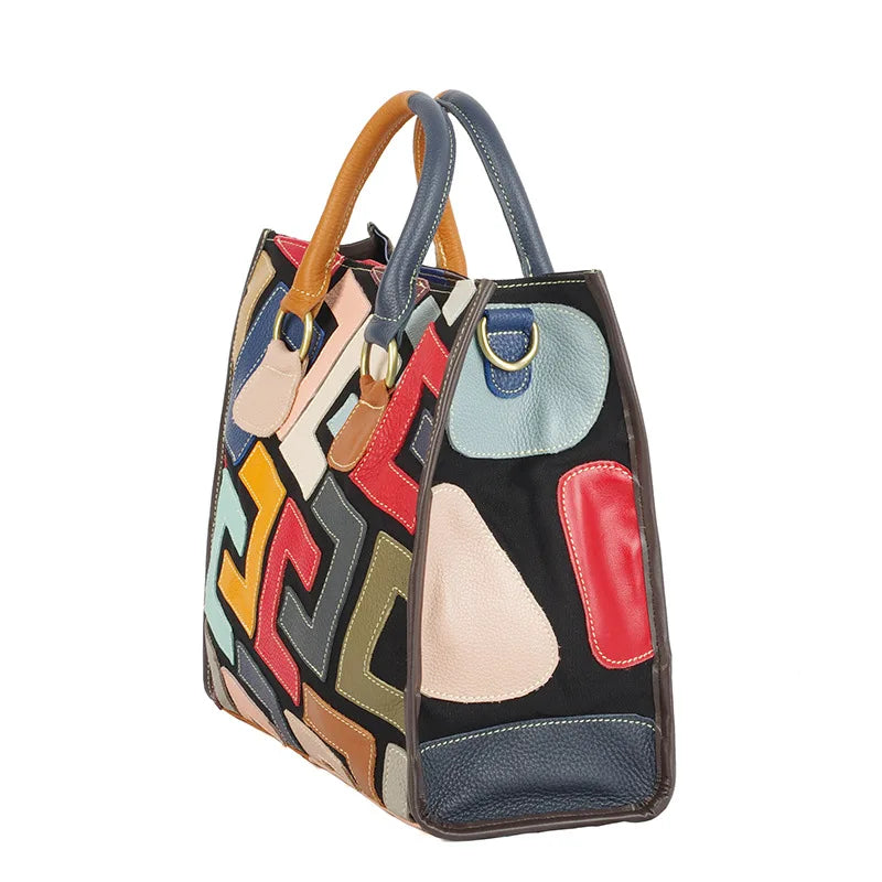 Genuine leather women's bag, ethnic style color contrasting design, large capacity tote bag, women's handbag